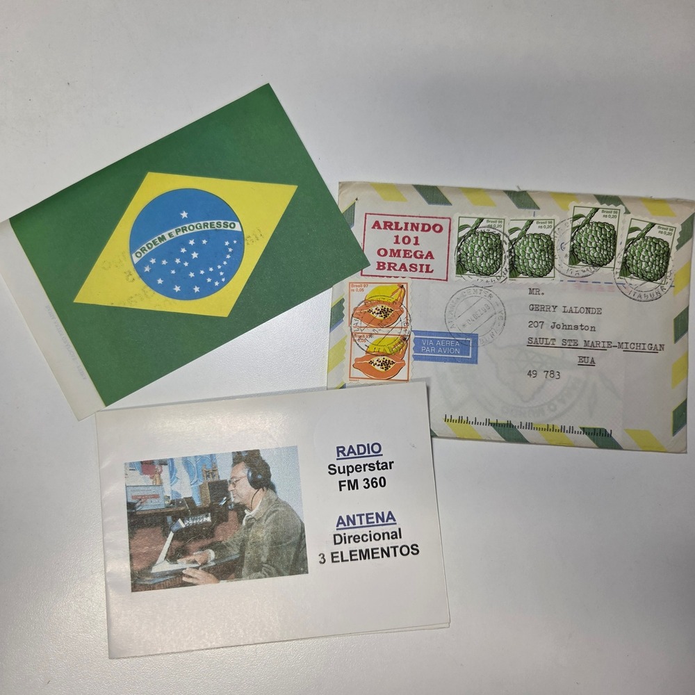 Vintage Brazil QSL Radio Card Arlindo 101 Omega Superstar FM 360 1998